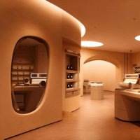 Étagère de présentation personnalisée pour salon de beauté, en bois, avec éclairage LED, pour la décoration intérieure des magasins de cosmétiques et de spas