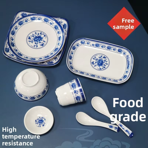 Assiette à dîner et bol à <span class=keywords><strong>nouilles</strong></span> en mélamine de style chinois, motif floral blanc et bleu, format A5, compatible micro-ondes, orchidée classique - Product Image 2
