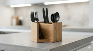 Organisateur de couverts en bois avec compartiments pour fourchettes, cuillères, couteaux, utilisation en extérieur sur table - Product Image 6
