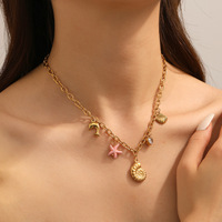 Moda de acero inoxidable 18K chapado en oro enlace estrella de mar Concha delfín colgante mujeres gargantillas collar elementos marinos en forma de corazón