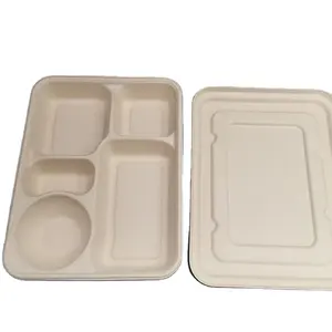 100% Biodegradable sugarcane bagasse plates disposable food packing tray with lid