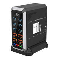Station de charge de bureau verticale 660W GaN avec écran intelligent et marquage LED, Hub d'alimentation industriel noir 10 ports 6C+4A