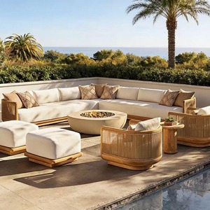 Natural Teak Wood <b>Rattan</b> Woven Outdoor Furniture Set UV Proof Waterproof Garden Sectional <b>Sofa</b> Armchair Side Table For Backyard - Product Image 1