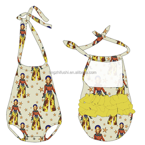 OEM Tùy Chỉnh Bò Cô Gái Không Tay Backless Halter Jumpsuit Thời Trang Phương Tây Quần Áo Bé Bong Bóng Ruffle Mông Rompers - Product Image 3