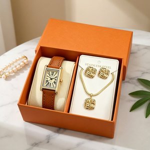 Montre <span class=keywords><strong>pour</strong></span> <span class=keywords><strong>femme</strong></span> minimaliste vintage, ensemble complet avec collier et boucles d'oreilles, cadran carré, alliage, cuir, quartz - Product Image 2