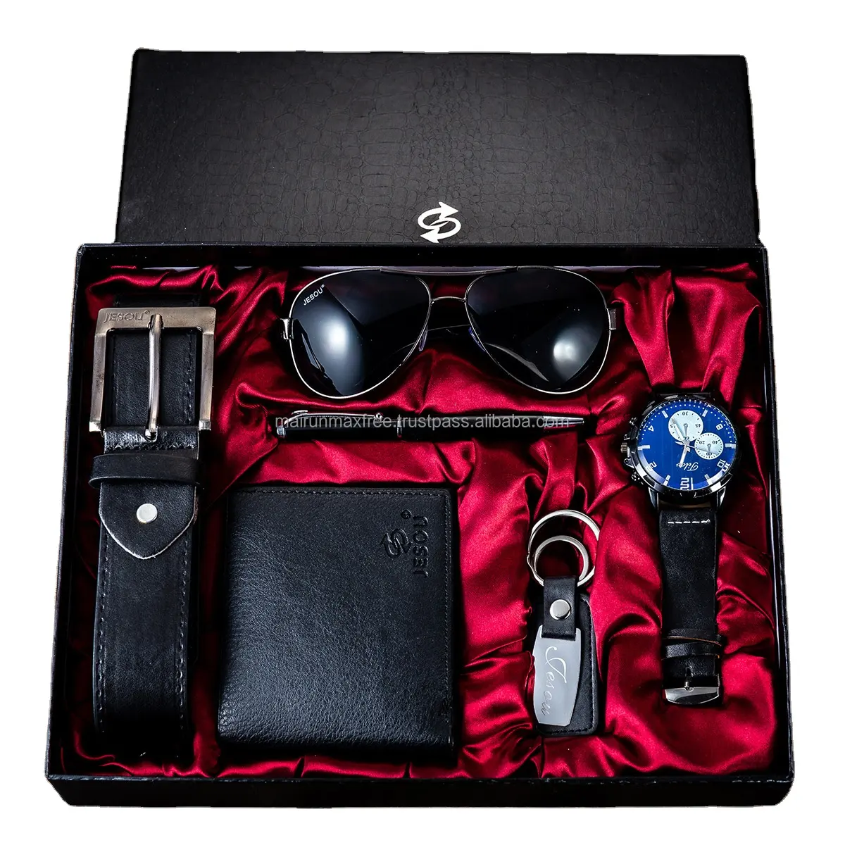 Quente! Conjuntos de presente de negócios masculino relógio + carteira + cinto + óculos de sol + caneta + chaveiro caixa de presente