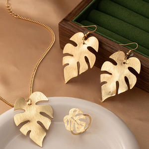 Wholesale Hollow <b>Leaf</b> Necklace Earrings Ring Set Retro Luxury Fashion <b>Jewelry</b> Set - Product Image 1