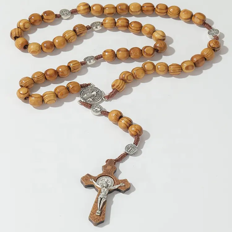 ZD religion Products Factory fait à la main 10 mm perles de bois de pin noué chapelet catholique en alliage St. Bénett