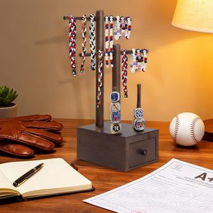 Solid Wood Ring Display Stand With Storage Box <b>Desktop</b> Jewelry Organizer For Baseball Rings And Necklaces - Product Image 1