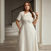 Robe midi élégante personnalisée grande taille à col en V et manches courtes pour femme, idéale pour les fêtes ou le quotidien, en tissu uni tissé, coupe moulante, service OEM