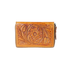 Unisex Brown Floral Designer Clutch <b>Bag</b> Hand Tooled <b>Soft</b> <b>Leather</b> Custom Logo Portable Chains Fashion Zipper Summer - Product Image 5