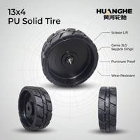 Nouveau pneu plein en PU anti-crevaison Huanghe 13*4, jante en acier 327mm x 103mm, roulement à billes, garantie 1,5 an, pour nacelle élévatrice à ciseaux