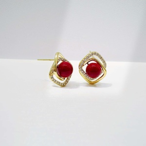 custom plata 925 sterling silver geometric <b>red</b> pearl <b>earring</b> fashion jewelry women classic pendant gemstone fine stud <b>earrings</b> - Product Image 2