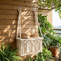 Hamac mural pour chat en macramé tressé à la main, style bohème de luxe moderne, avec pompons, en corde de coton, pour balcon intérieur, OEM disponible