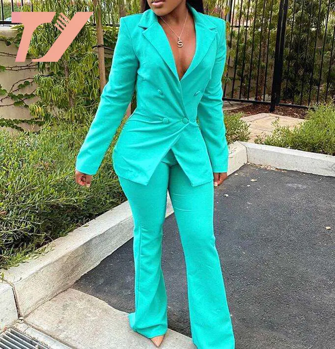 Fashion Solid Color Casual Button Up Woman Womens Blazers Business Suit Ladies Suits 2 Two Pieces Pants Blazer Set For Women