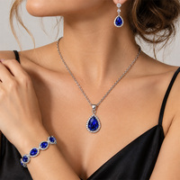 Parure de bijoux en strass goutte d'eau, collier, bracelet, boucles d'oreilles clipsables, couleur argent, bleu transparent, accessoires de mode pour femme pour les soirées