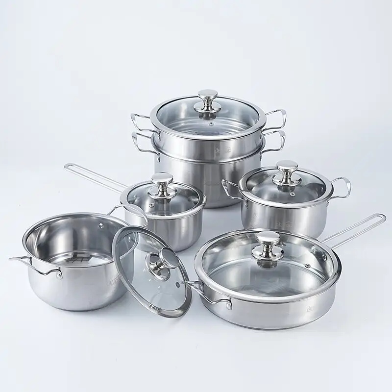 Bán buôn Chất lượng cao thép không gỉ 12 cái hai lớp Chứng Khoán nồi Cookware Set sữa Pan đồ nấu nướng Frying Pan kính nắp inductio