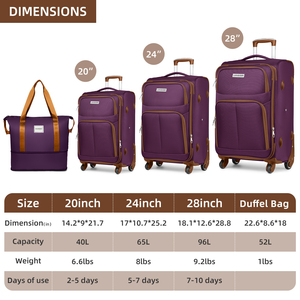 Set di Valigie <span class=keywords><strong>3</strong></span> Pezzi (20/24/28 Pollici) - Trolley Morbido con Ruote Girevoli, Bagaglio da Viaggio Elegante e alla Moda - Product Image 5