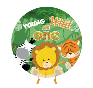Support circulaire pour toile de fond en tissu tendu, motif animaux de la <span class=keywords><strong>jungle</strong></span>, avec support doré, pour fêtes de baby shower - Product Image 1