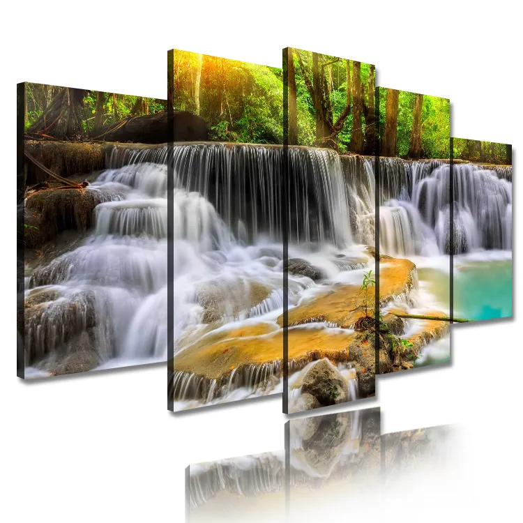 Wholesale Waterfall Painting Nature Canvas Artwork Custom Home Decor Landscape Living Room Picture Prints 5 Piece Wall Art