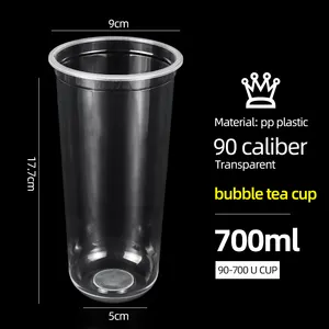कस्टम 90/95 कैलिबर डिस्पोजेबल यू-आकार के स्पष्ट पीपी प्लास्टिक डब्बा कप वासोस प्लास्टिको रस पिल्ला जूस पिल्ला कप ढक्कन के साथ कप बोबा बबल चाय कप