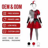 Ensemble de costumes de cosplay de clown maléfique pour femmes, mini-robe à rayures asymétriques et imprimé diamant avec col à pompons