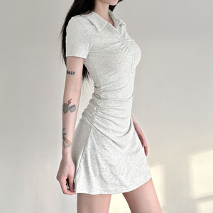 Sexy Ruched Bodycon Mini <b>Dress</b> Women Polo Collar Short <b>Sleeve</b> Slim Fit Clubwear Solid Color Curve Hugging <b>Dress</b> - Product Image 5