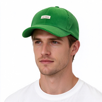 Casquette de baseball unisexe en velours côtelé à 6 panneaux, style vintage structuré, visière incurvée, patch avec étiquette tissée, vert uni, boucle métallique réglable, décontractée