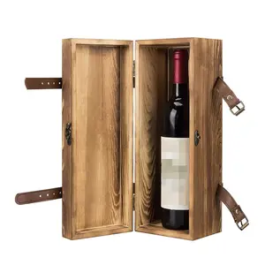 Caja de madera marrón vintage con cierres de cuero Caja de regalo de vino de una sola botella
