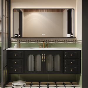 Tủ phòng tắm bằng gỗ rắn, chậu rửa, nhà vệ sinh, ngăn kéo treo tường, bàn trang điểm có chậu rửa, Gương Led có đèn - Product Image 2