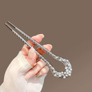 Horquilla de Pelo Metálica en Forma de U para Mujer, Estilo Chino, con Perlas y Hojas, Accesorios para Peinado - Product Image 4