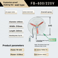 FB-600 220V Wandmontierter Explosionsgeschützter Axialventilator |   Industrieller Kugellager-Oszillationsventilator 600mm mit Aluminiumgussflügeln OEM/ODM