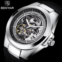 Montre-bracelet automatique mécanique de luxe pour homme Benyar BY-5207 avec bracelet en cuir, étanche, avec coffret cadeau