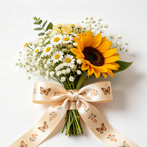 Cinta de satén de poliéster con texto personalizado impreso, tema primaveral, para envolver ramos de flores y regalos festivos - Product Image 1