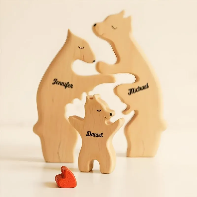 सजावट परिवार के दिल के आकार के ठोस लकड़ी के पहेली खिलौने, जिगसॉ व्यक्तिगत भालू परिवार लकड़ी की कला पहेली