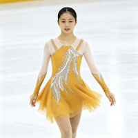 Robe de patinage artistique jaune doré à manches longues en maille avec strass, jupe irrégulière pour enfants et adultes, pour compétition et performance