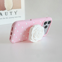 Coque antichoc en silicone souple à pois avec support pliable motif rose 3D mignon pour iPhone 17 16 15 14 13 Pro Max