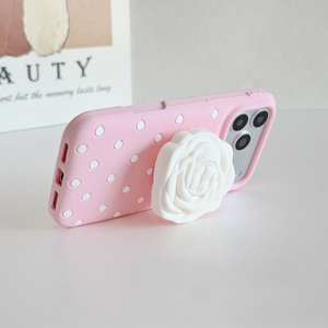 <span class=keywords><strong>Funda</strong></span> de silicona suave a prueba de golpes con soporte plegable de flor rosa 3D y puntos de polka para <span class=keywords><strong>iPhone</strong></span> 17 16 15 <span class=keywords><strong>14</strong></span> 13 Pro Max - Product Image 5