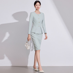 Women's Two Piece Suit Set Full Sleeve Midi Skirt Office Lady Style Anti-Wrinkle Spring Worsted Fabric - Product Image 4