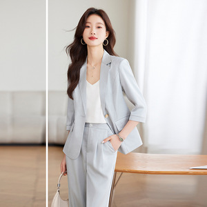 Women's Light Blue Summer Suit Set Three Quarter Sleeve Breathable Crepe Fabric Elegant Office Wear - Product Image 1