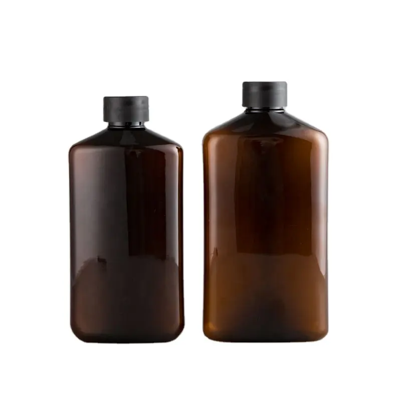 Braune flache Flasche 400ml 500ml bernstein farbene Delta-Form PET-Flasche Leere Plastik-Toner-Make-up-Wasser flasche mit schwarzer Kappe Inner Plus