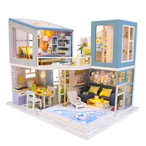 Bianco e blu classico legno casa delle bambole Kit fai da te Souvenir ragazza regali mobili in miniatura casa delle bambole decorazioni per la casa