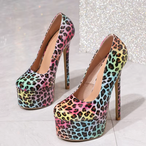 European American <b>Toe</b> Leopard Print Color Block Shallow High <b>Heel</b> Pumps Fashion Women's Waterproof Platform Stiletto <b>Heels</b> - Product Image 3