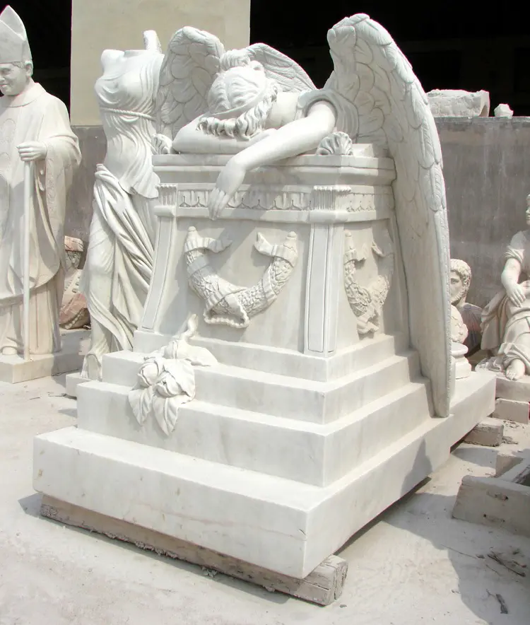 White Marble Sculpture Western Customized Carving Monument Crying Angle Tombstone