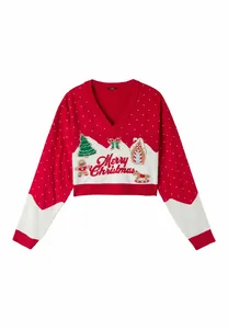 FNJIA personalizado otoño corto cuello en V Jacquard Navidad estilo de punto grueso de gran tamaño pulóver Jumper prendas de punto suéter de las mujeres