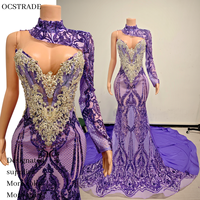 Robe de bal sirène violette à col haut et manches longues personnalisée Ocstrade, corsage orné de strass argentés, robe de soirée formelle pour femmes
