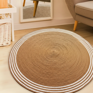 Elegante alfombra redonda de yute trenzado con anillos de acento blanco. Estilo moderno. Disponible a precios al por mayor. - Product Image 1
