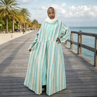 Abaya ouverte vert menthe de haute qualité, ensemble 2 pièces avec rayures verticales intérieures, manches longues, tenue modeste d'été pour femmes musulmanes