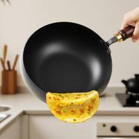 Wok en fer épaissi sans revêtement, grande poêle à frire, poignée en bois, couvercle en verre/bois, design moderne – Offre spéciale AMZ