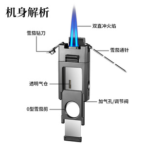 Multi Functional Cigar <b>Lighter</b> Dual Flame <b>Windproof</b> Alloy Body with Cutter and Punch Portable JOFI JT-OB2 - Product Image 2